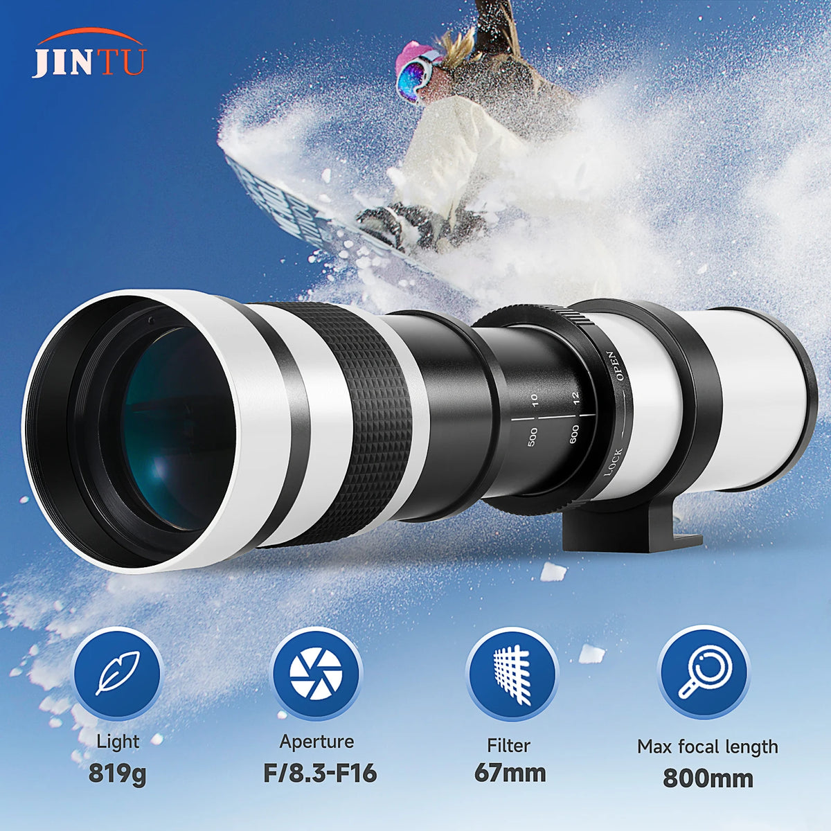 JINTU 420-800mm f/8.3 super telephoto zoom lens, mount options for Canon/Nikon/Sony