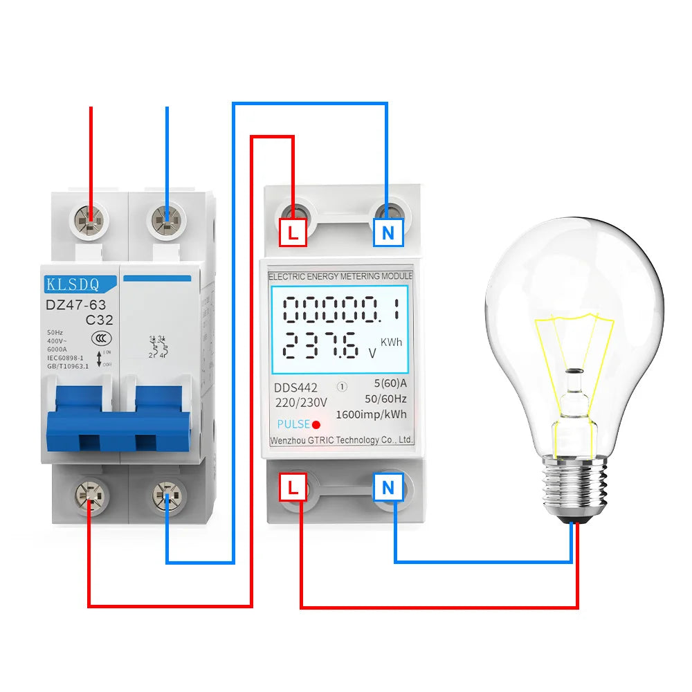 GTRIC Electric Energy Meter 2P Single Phase  LCD Digital Display DIN Rail Mounting 2-wire Electric Meter Wattmeter AC 230V 50Hz