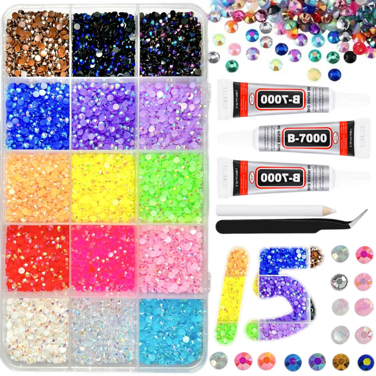 Shiny Flatback Rhinestones Kit with B 7000 Glue Tweezers Picker Pen Perfect for Nail Art,DIY Crafts,Tumbler Decor,Jewelry Pho