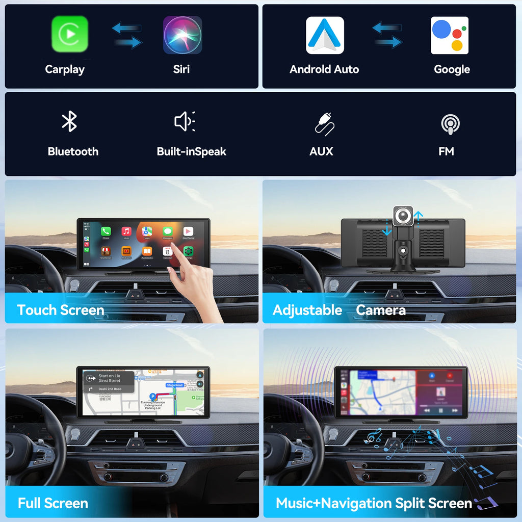Universal Portable Wireless CarPlay Screen with Android Auto Touchscreen, Rear Camera Options