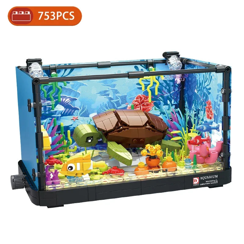 Fishbowl Aquarium Series Building Blocks Sea Turtle Jellyfish Fish Tank With Light Seafloor Assemble Bricks Toy For Children Kid