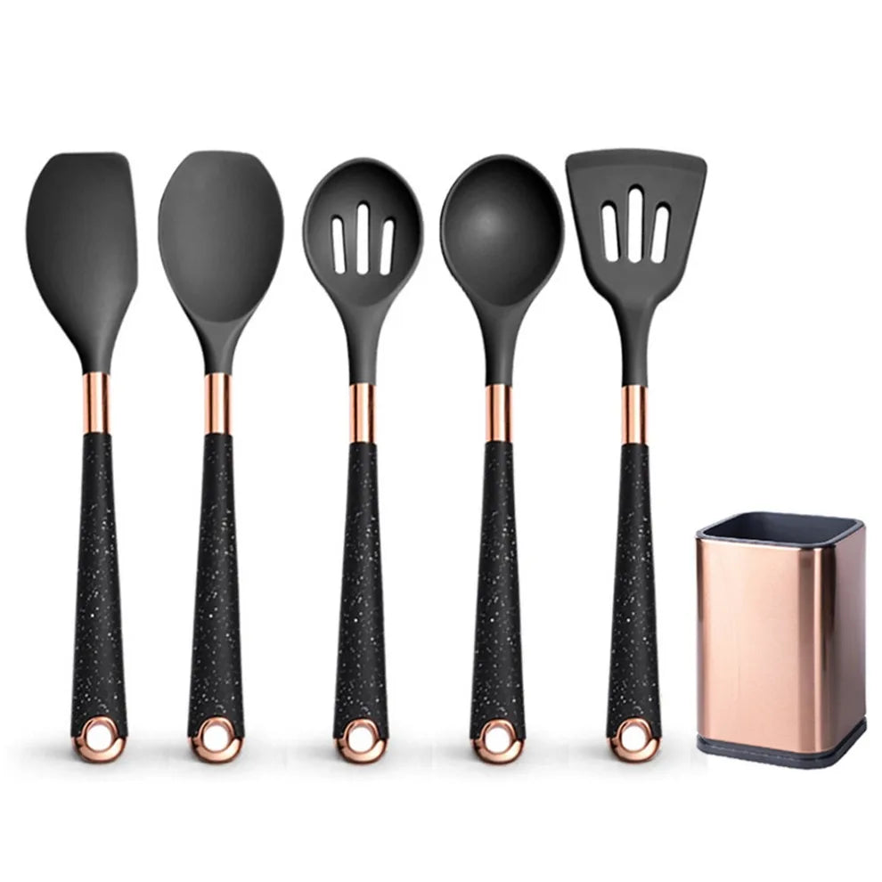 Silicone cooking utensils set with holder bucket, nonstick safe heat resistant, beige/black