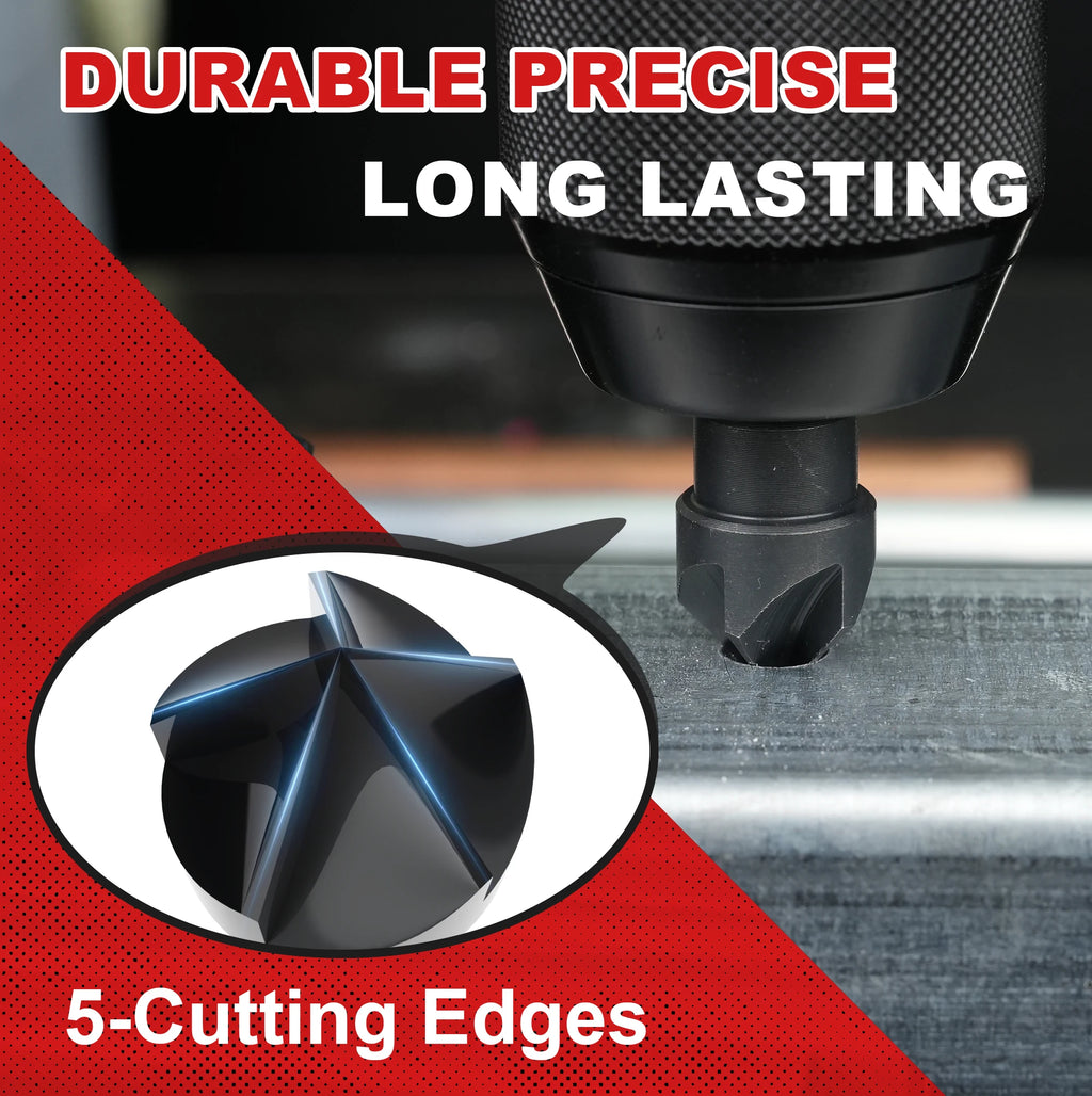 EZARC 5PCS Countersink Drill Bit Set for Metal, 1/4 Inch Hex Shank Countersunk Bits 82 Degree 5 Flute, 1/4” 3/8” 1/2” 5/8” 3/4”