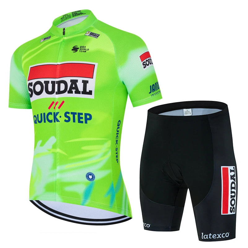 New 2026 SOUDAL Quick Step Men Summer Short Sleeve Cycling Jersey Set Breathable Quick Drying Cycling Clothes Shirt 19D Cushion