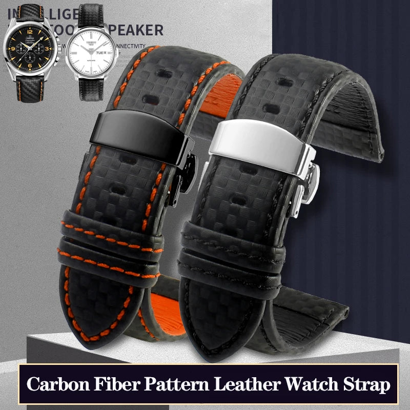 Carbon Fiber Pattern Leather Watch Strap 18mm 20mm 21mm 22mm 23mm 24mm Black Red Orange Stitching Watchband Bracelet Wristband