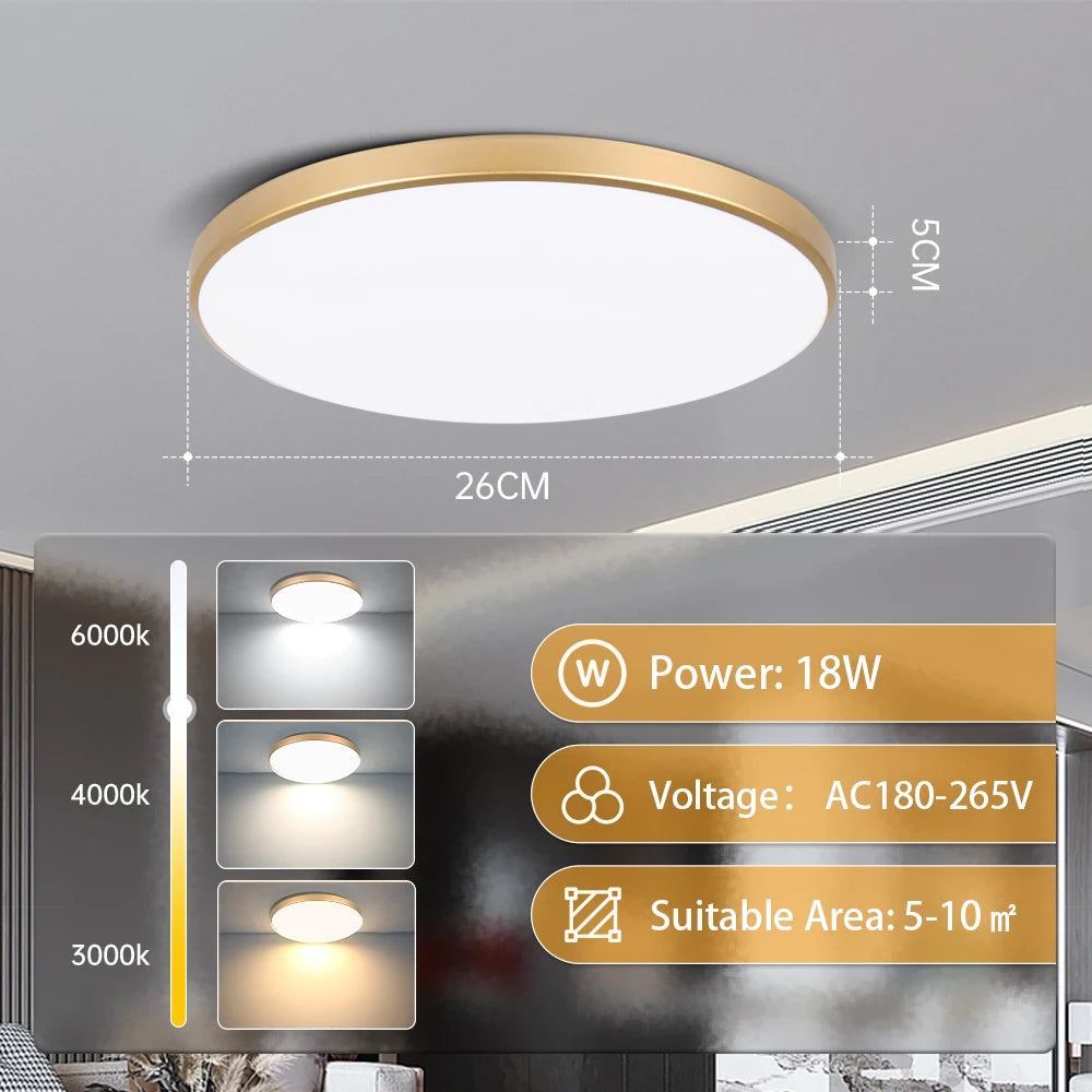 Golden Led Ceiling Lamp 220V Dustproof Ceiling Panel Lamp Indoor Bathroom Lamp for Living Room Decor Ultra-thin Ceiling Lights