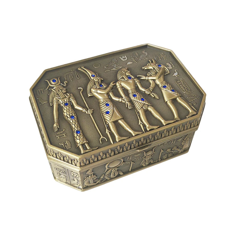 Retro Metal Jewelry Box Egypt Myth Pharaoh Sun God Pattern Carved Souvenir Gift Storage Case Ring Necklace Organizer Chest