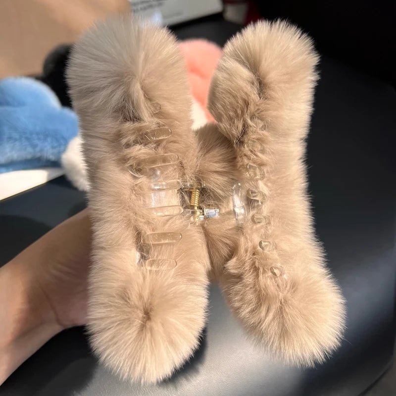 Natural Rex Rabbit Fur Hair Claw Large Hairpin Temperament Clip New Cute Plush Hair Scratching Ponytail Fuzzy Claw Clip