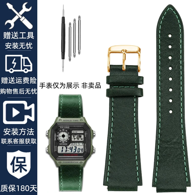 Retro Genuine Leather Watchband For Casio AE1200 AE1300 A158W/A168 W-216H Vintage Watch Strap convex mouth Men's Bracelet 18MM