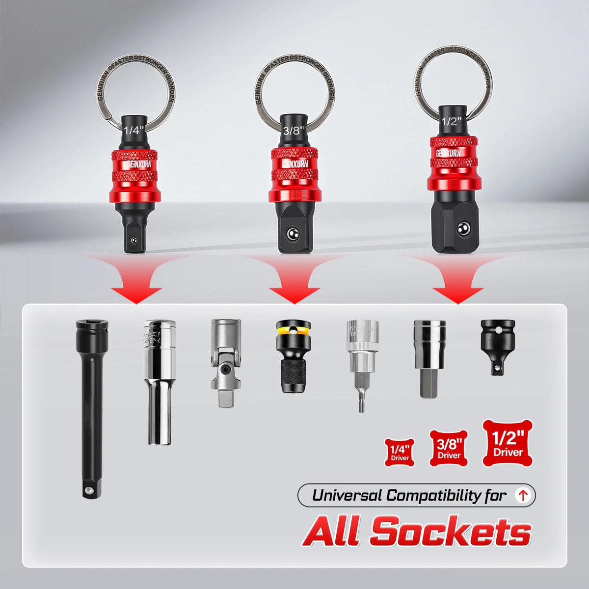 Geinxurn Socket Holder Keychain Set.1/4", 3/8", and 1/2" Drive Quick Release with Adapters, Ideal for Electricians, Construction