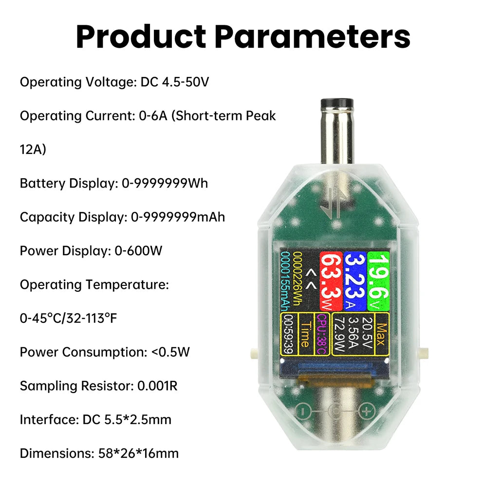 DC 5.5x2.5mm Voltage Current Power Meter Tester, 4.5-50V 0-12A Digital Voltmeter Ammeter