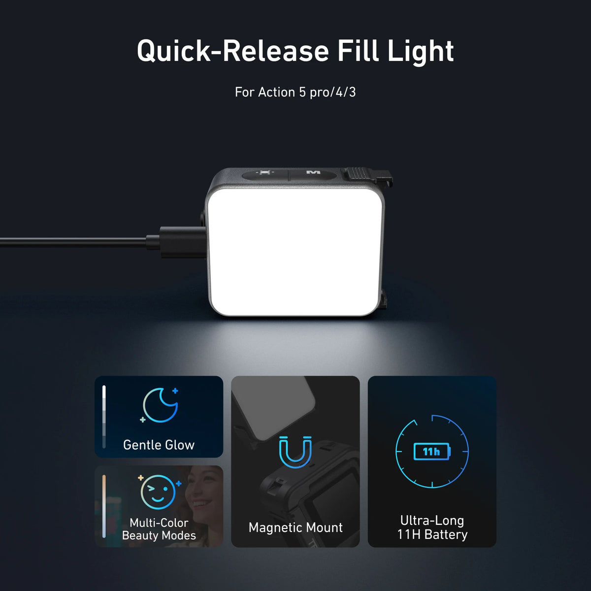 TELESIN Quick Release Mini Fill Light Mini Waterproof Selfie Light For DJI OSMO Action 2 3 4 5pro Selfie Light For OSMO Action