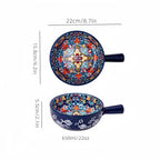 Bohemian Ceramic Hand-Painted Embossed Patterned Salad Bowl with Handle Kitchen Bakeware Microwave & Oven Safe 1 pc