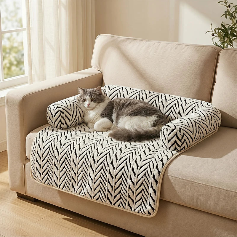 Pet sofa bed mat with side bolsters, white anti-slip couch protector, 90x80cm