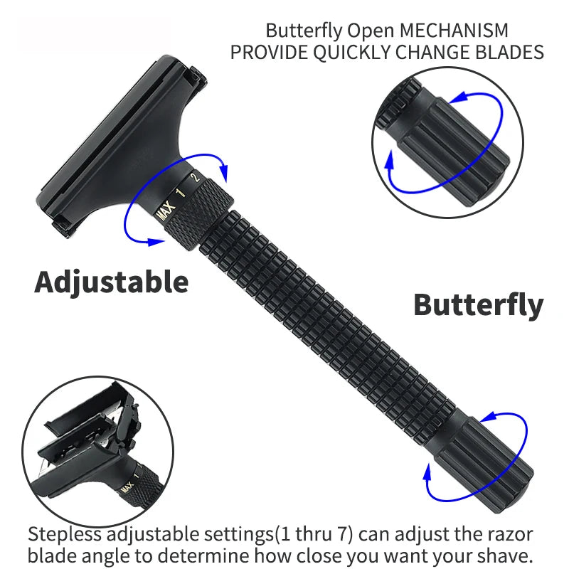 Adjustable Precision Men's Razor - Double Edge Safety Butterfly Brass Metal Handle for Beard & Mustache Grooming With 5 Blades