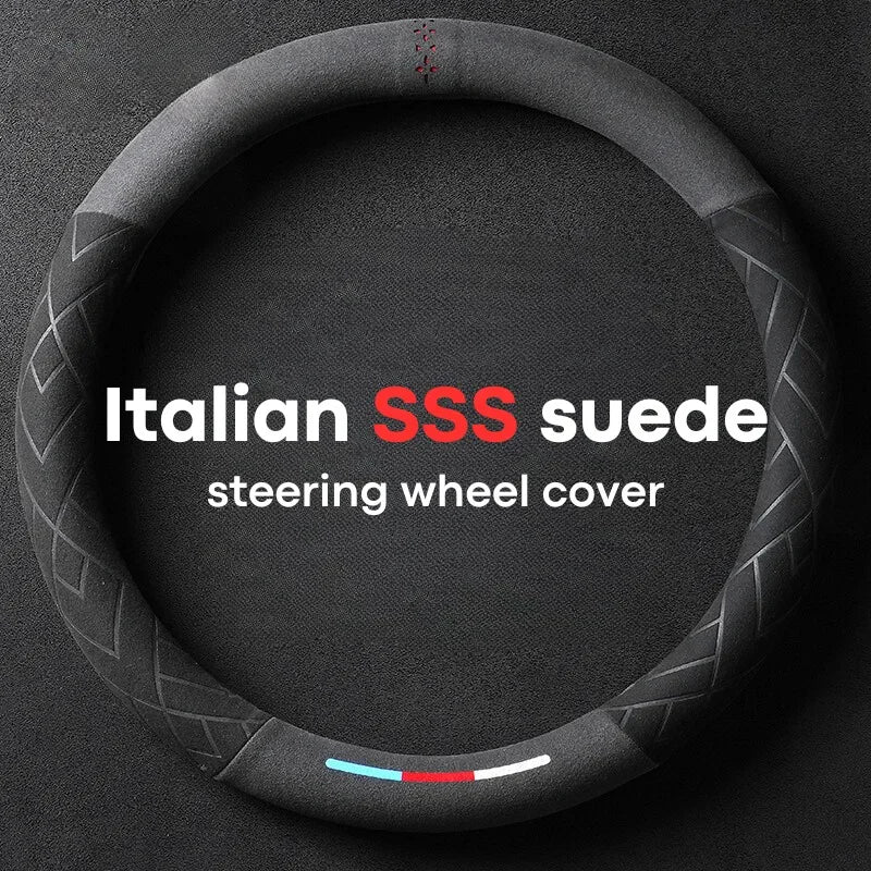 Car Steering Wheel Covers Cowhide Suede Steering Wheel Cover Wrap Universal 37-38cm Breathable Steering Covers Car Accessories
