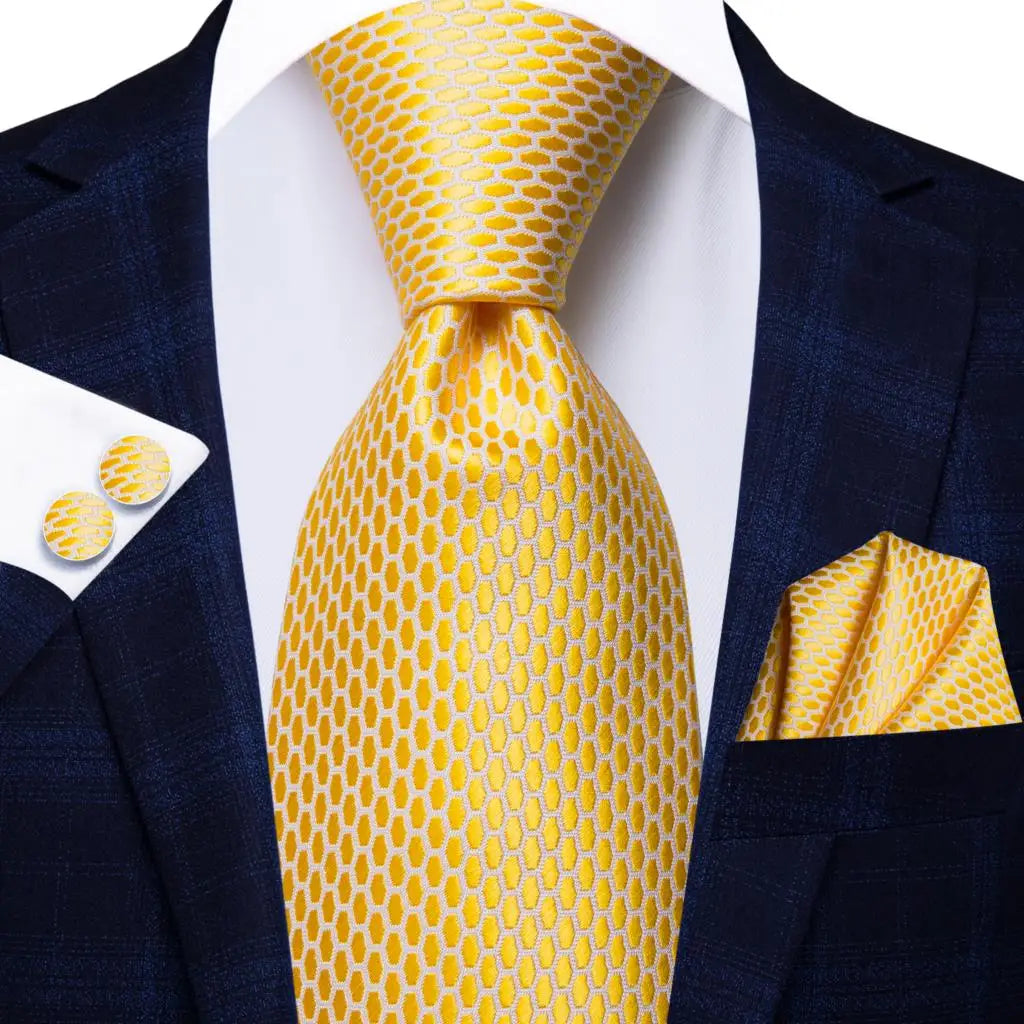 Solid Gold Yellow Ties For Men Handky Cufflinks Set Fashion Gift For Men's Tie Wedding Business Necktie Blue Black Orange Beige