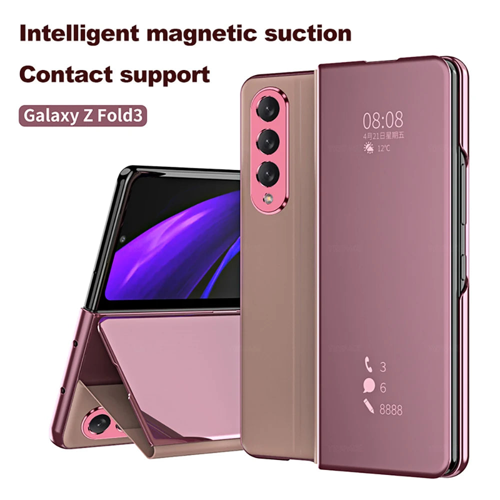 6 Colors Mirror Clear View Stand Flip Case For Samsung Galaxy Z Fold 2 3 4 5 6 7 Full Cover Folding Plathing Phone Cover