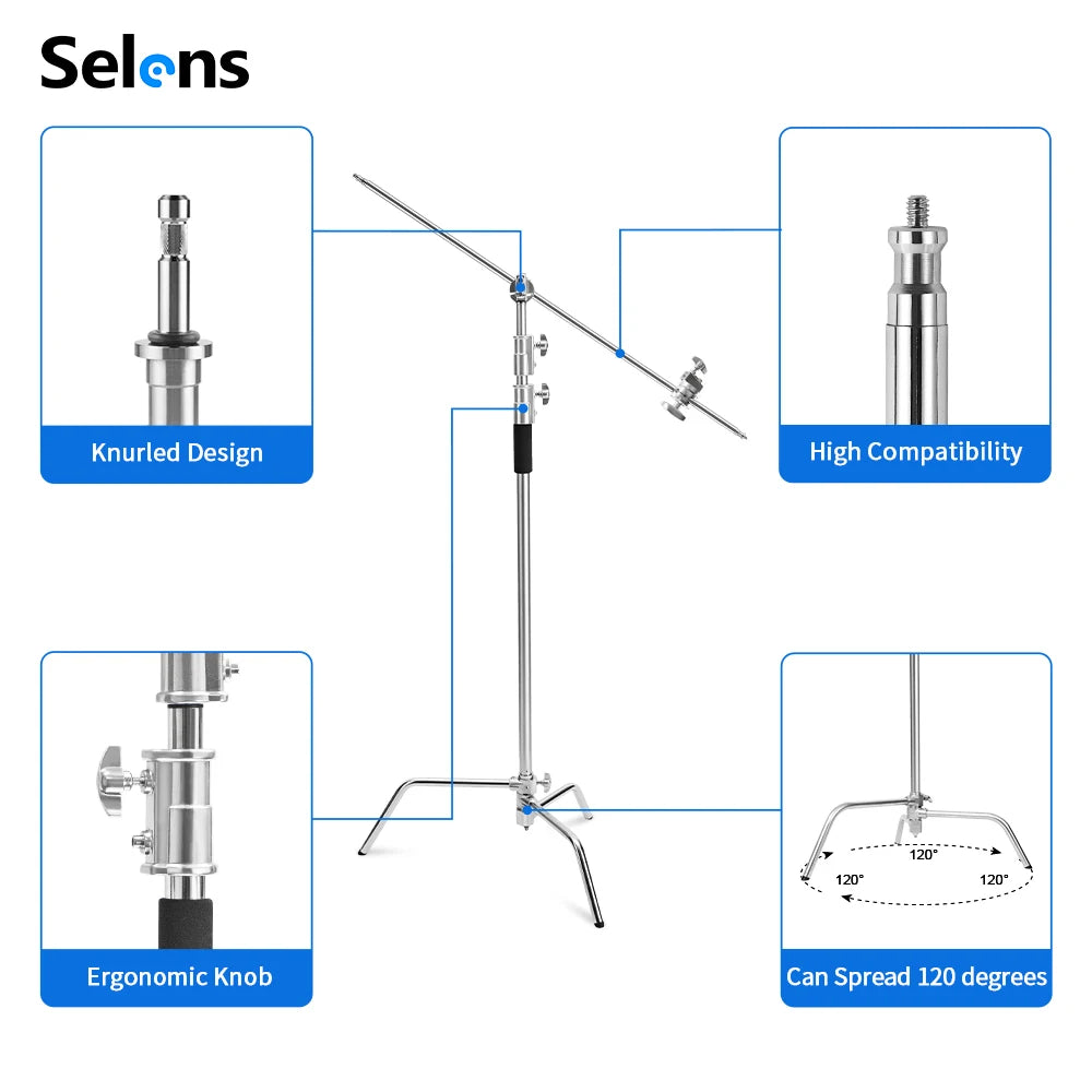 Selens 330cm C-Stand Rotatable Anti-slip Stainless Steel Light Stand Backdrop Tripod Photo Studio Kits Softbox Photography Stand