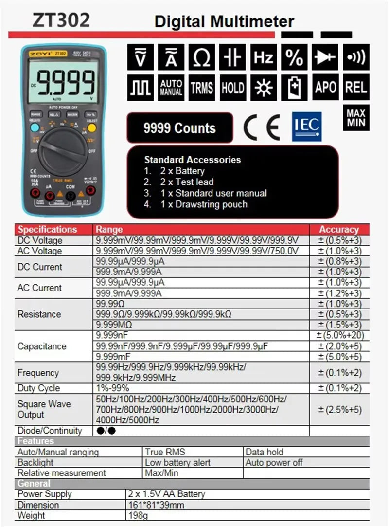 ZOYI ZT301 ZT302 ZT303 Digital Multimeter 8000 19999 Counts True RMS Multifunction AC/DC Voltage Temperature Capacitance Tester