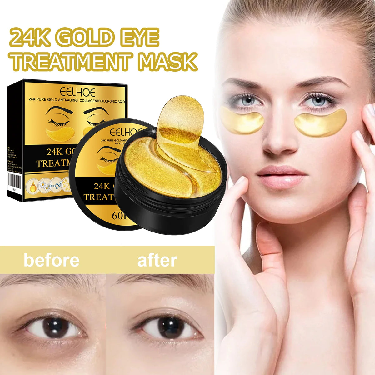 EELHOE 24K Gold Eye Mask Anti Dark  Hydrating Under Eye Gel Pads  Revitalizing Firming Eye Care Treatment for Fine Lines