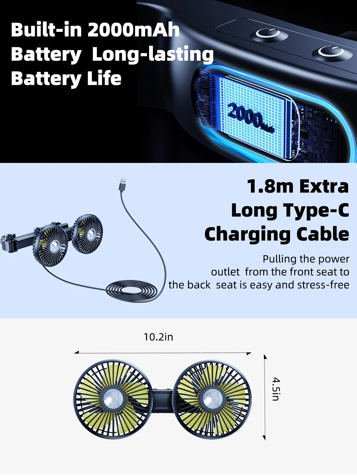 Eary Car Rear Seat Fan Headrest Backseat Dual Head Fan 2000mAh Battery 3 Speed Air Cooling Fans for kids Summer Car Accessories