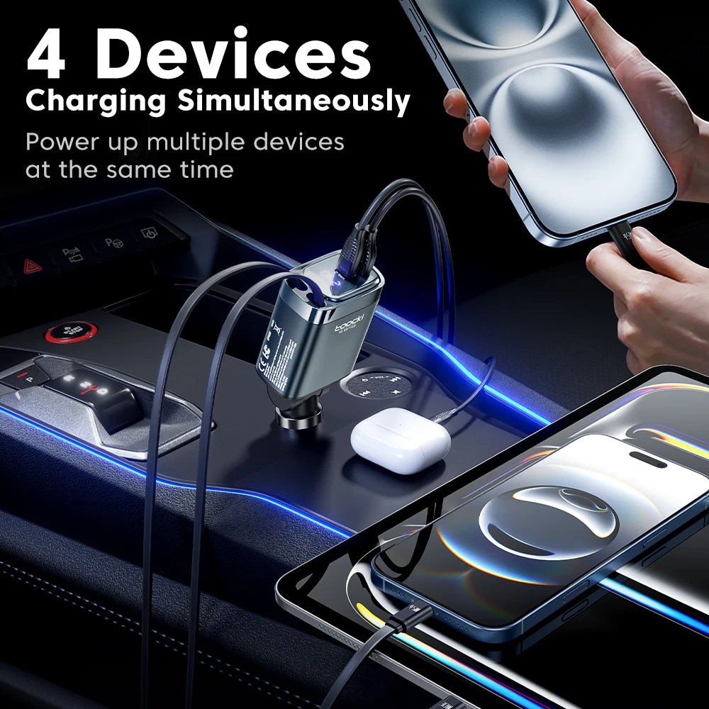 Toocki Digital Display Car Charger 105W 4 In1 Fast Charge Dual Type-C Cable With Retractable Cable For iPhone 16 15 14  Samsung