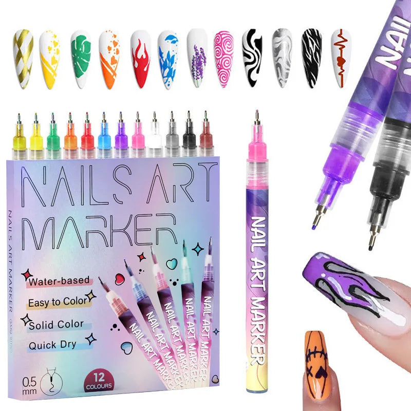 12Pcs/Set Nail Acrylic Graffiti Pen 12 Color Nail Marker Drawing DIY Beauty Nail Art Tools Waterproof and Quick Drying Nail Mark