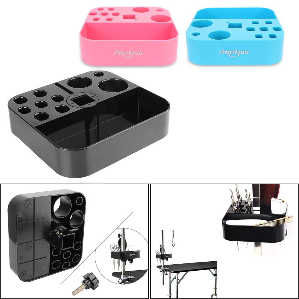 Pet grooming tool storage box with holes, black plastic organizer for combs scissors
