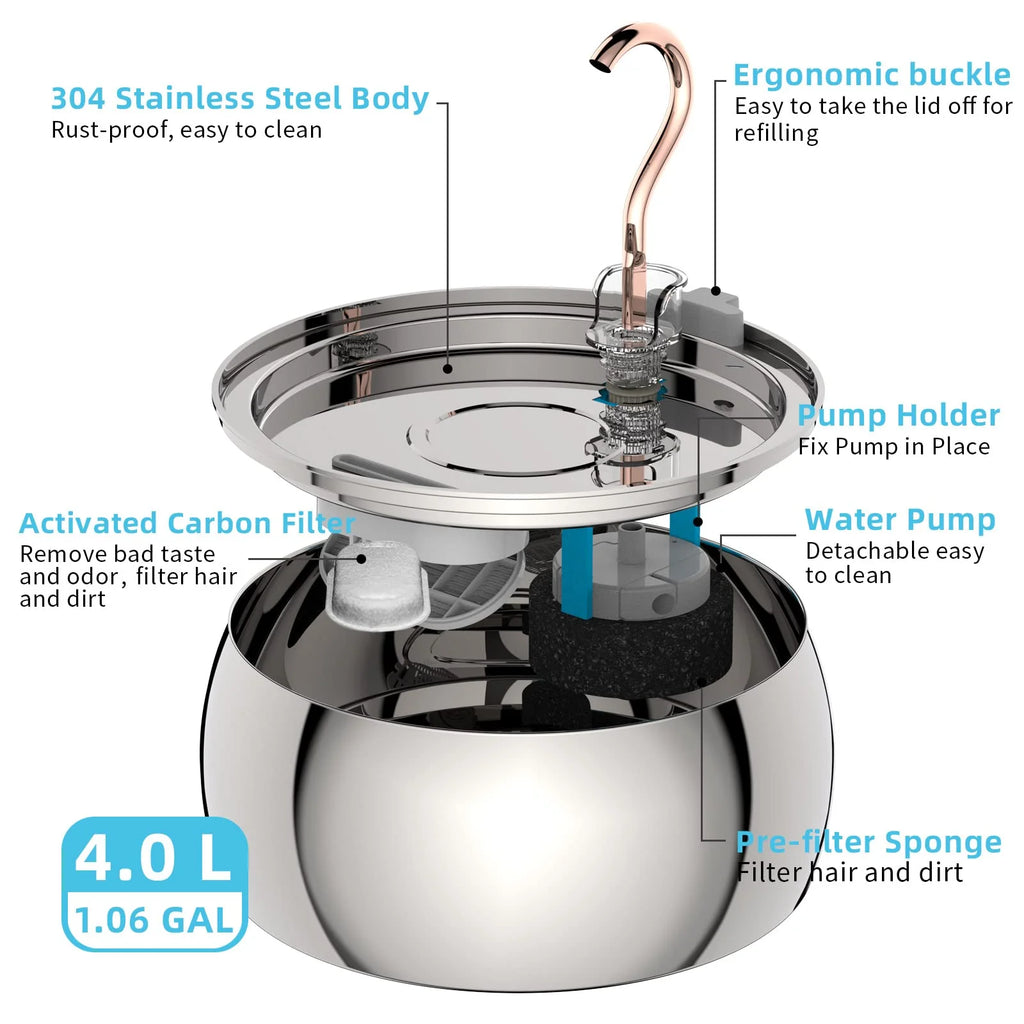 4L Stainless Steel Pet Cat and Dog Drinking Fountain Ultra-Silent Water Pump Suitable for Multiple Pet Drinking Bowls