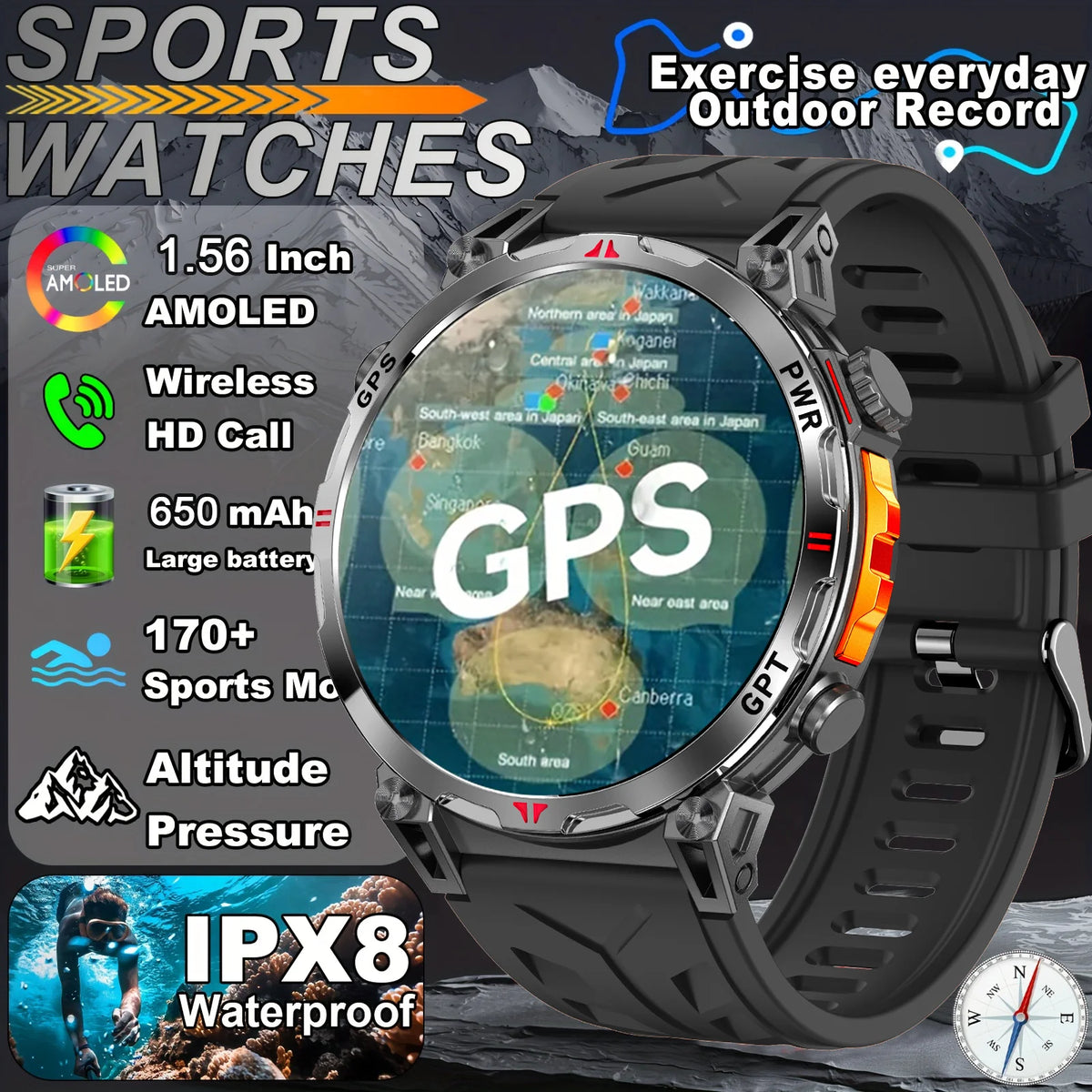 2026 New Outdoor GPS Sports Smartwatches Men Compass 5ATM Waterproof 24/7 Health Monitoring Chat GPT Bluetooth Call Smart Watch