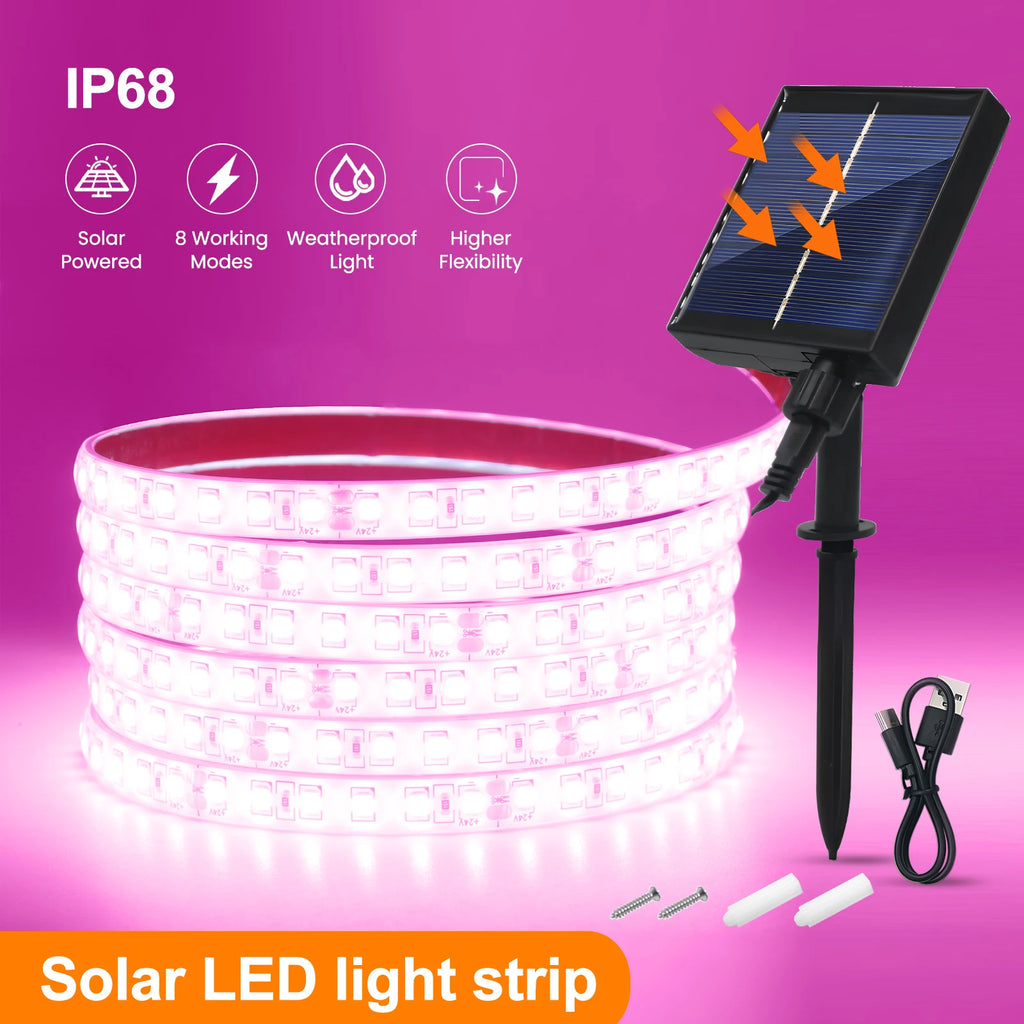 24V Solar Led Strip Light 2835 120LEDs/m Outdoor IP68 Waterproof Red Green Blue Pink Warm White Self-adhesive Garden Decor Lamps