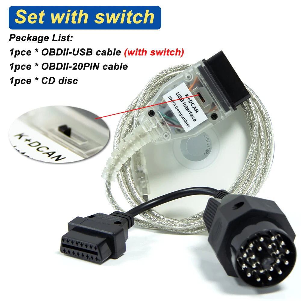 OBD2 K+DCAN USB Interface Cable with Switch for BMW E46 E83 E53 E90 E60 Coding Tool