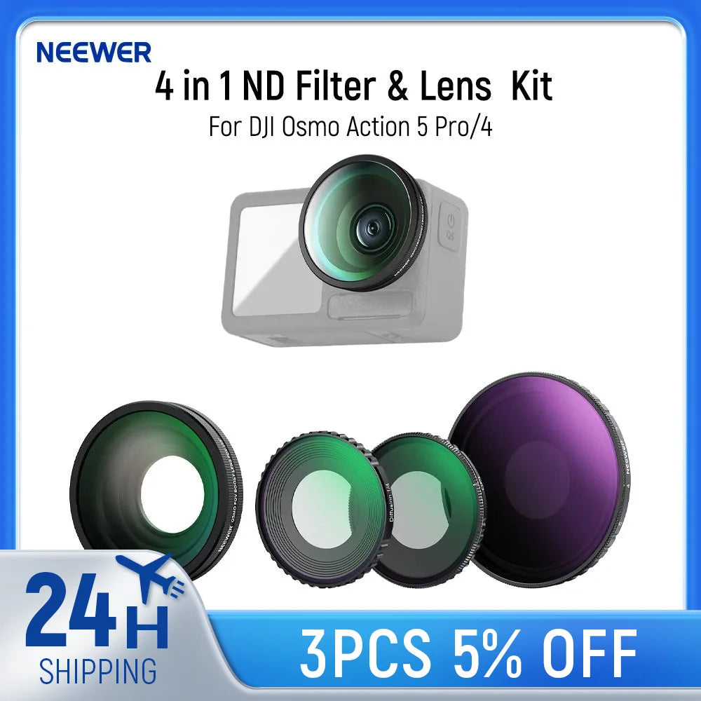 NEEWER 4 in 1 ND Filter & Lens Accessories Kit For DJI Osmo Action 5 Pro/4, Variable ND8-32 + CPL + Black Mist Diffusion 1/4