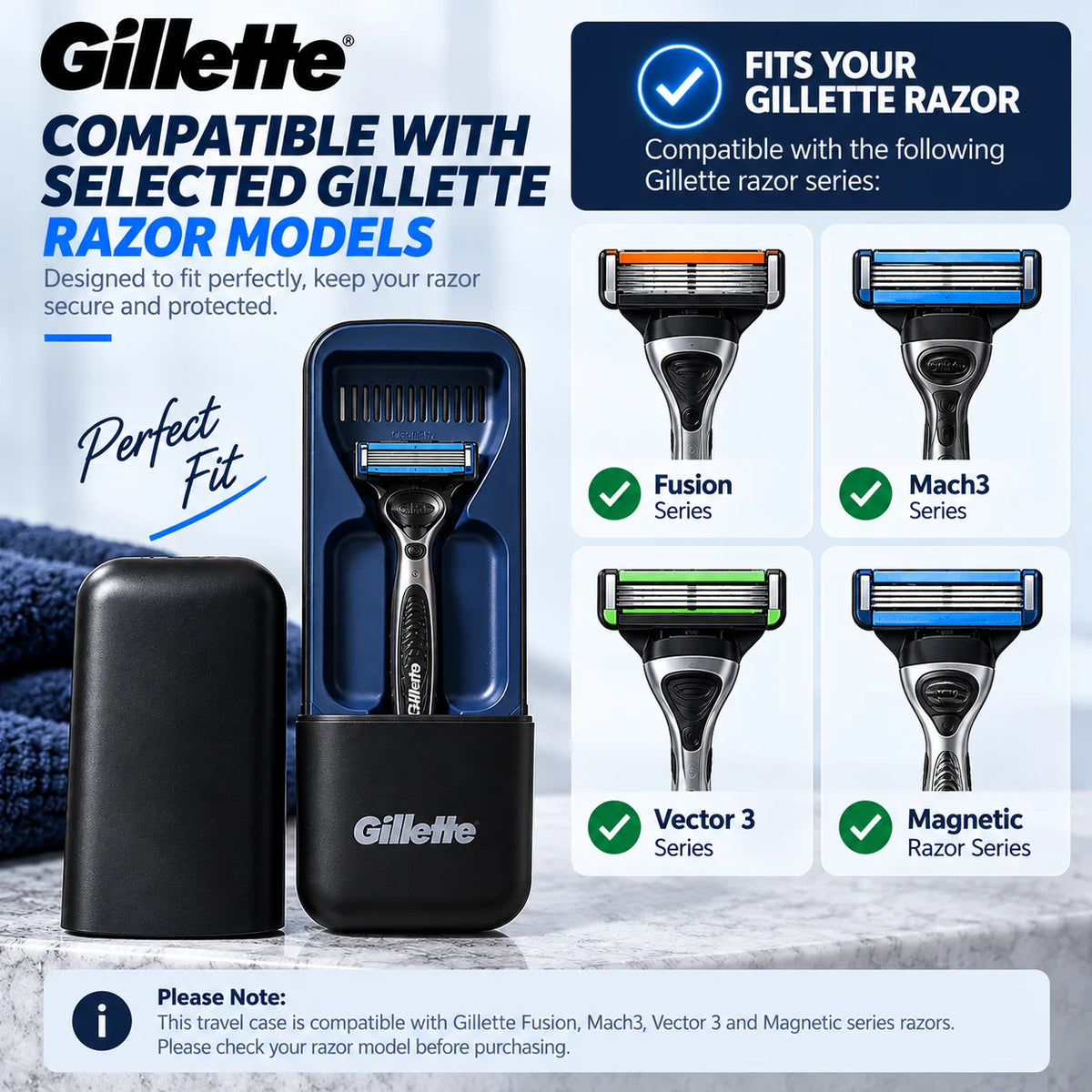 Gillette Brand Black Razor Case Magnetic Travel Case Compatible with Fusion/Magnetic/Match/Vector 3 Series