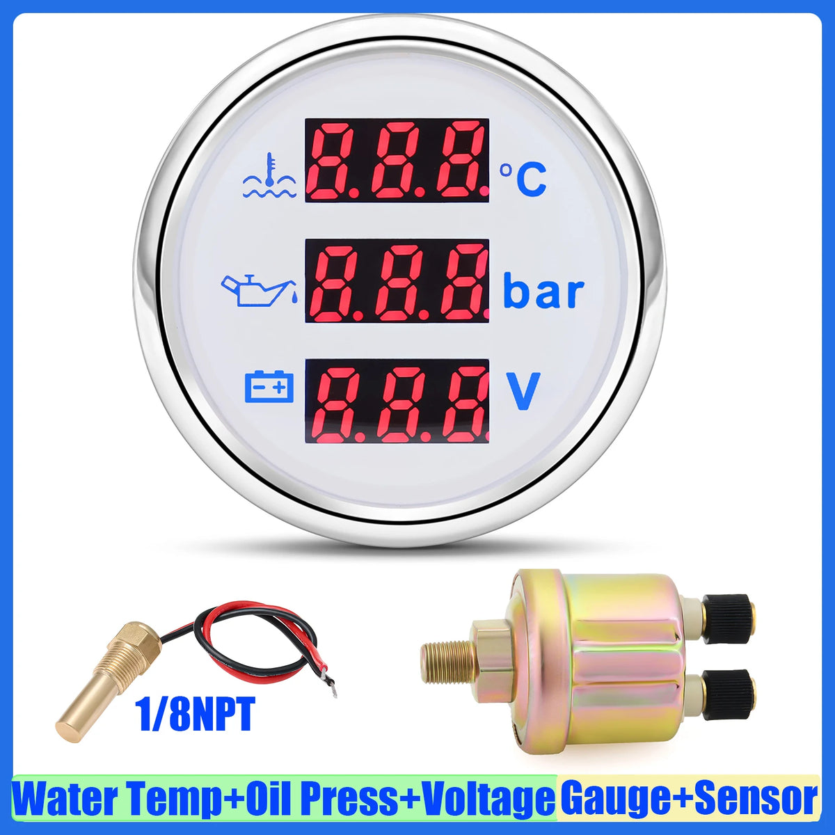 Auto Car 3 IN 1 52mm Gauge Water Temperature+Oil Pressure+Volt with Alarm Red LED Digital Water Temp Gauge+Sensor 12V24V Custom