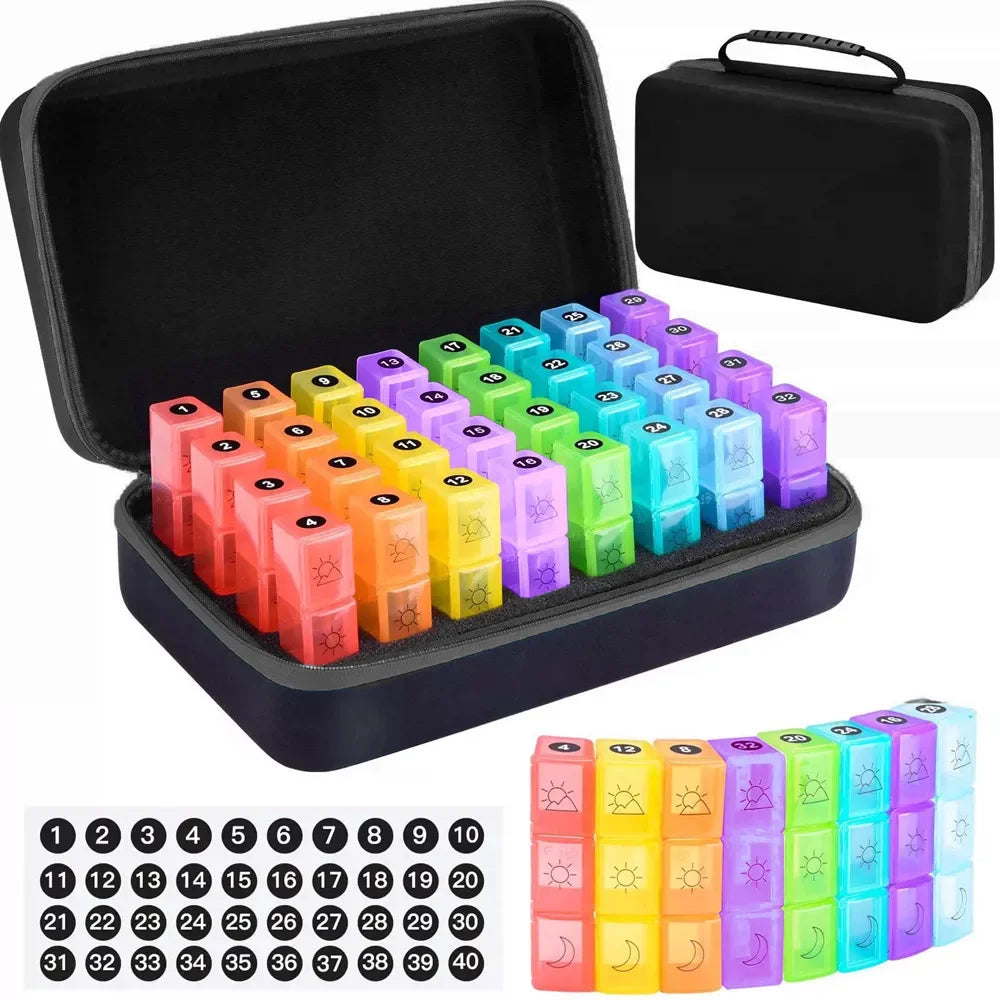 Monthly Pill Organizer Hard Case, 32 Compartments, 3 Times a Day, Black/Blue/Butterfly