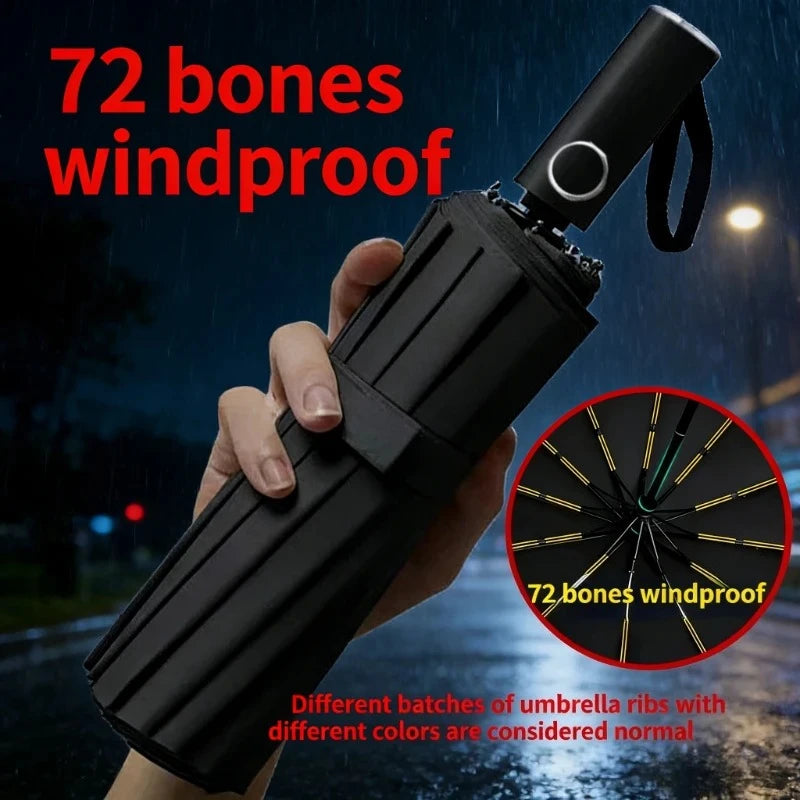 72-Rib Windproof Automatic Folding Umbrella, Reinforced Frame, UV Sun & Rain, Black