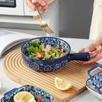 Bohemian Ceramic Hand-Painted Embossed Patterned Salad Bowl with Handle Kitchen Bakeware Microwave & Oven Safe 1 pc