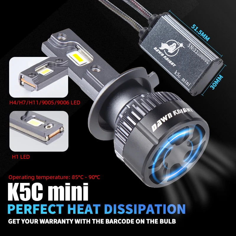 DAWNKNIGHT K5C Mini LED Headlight Bulb 40W 12V 4300K/6000K - H1 H4 H7 H11 9005 HB3