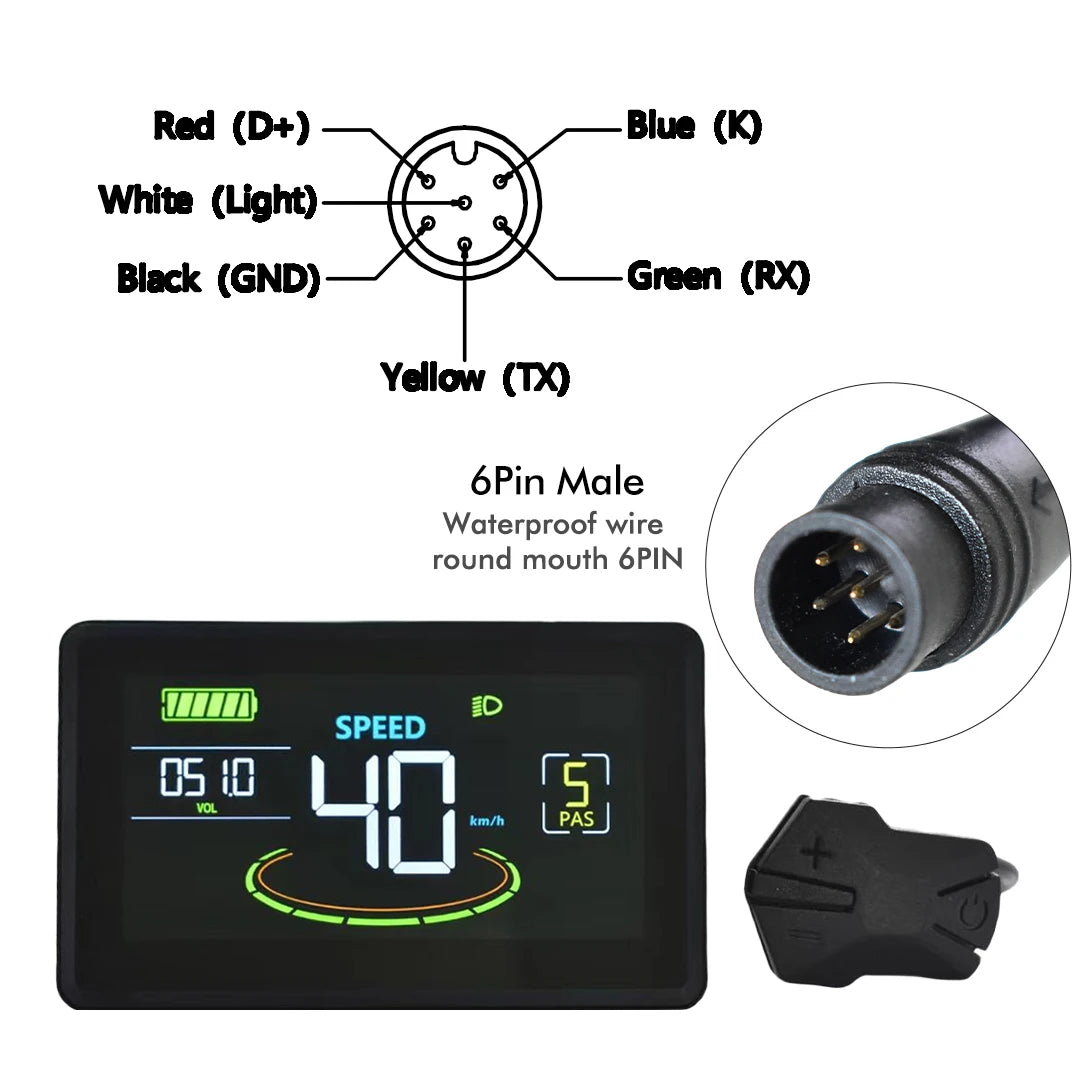 UART2 H6C Electric Bike LCD Display Speedometer Meter 24V-60V, 5/6 Pin Plug Options