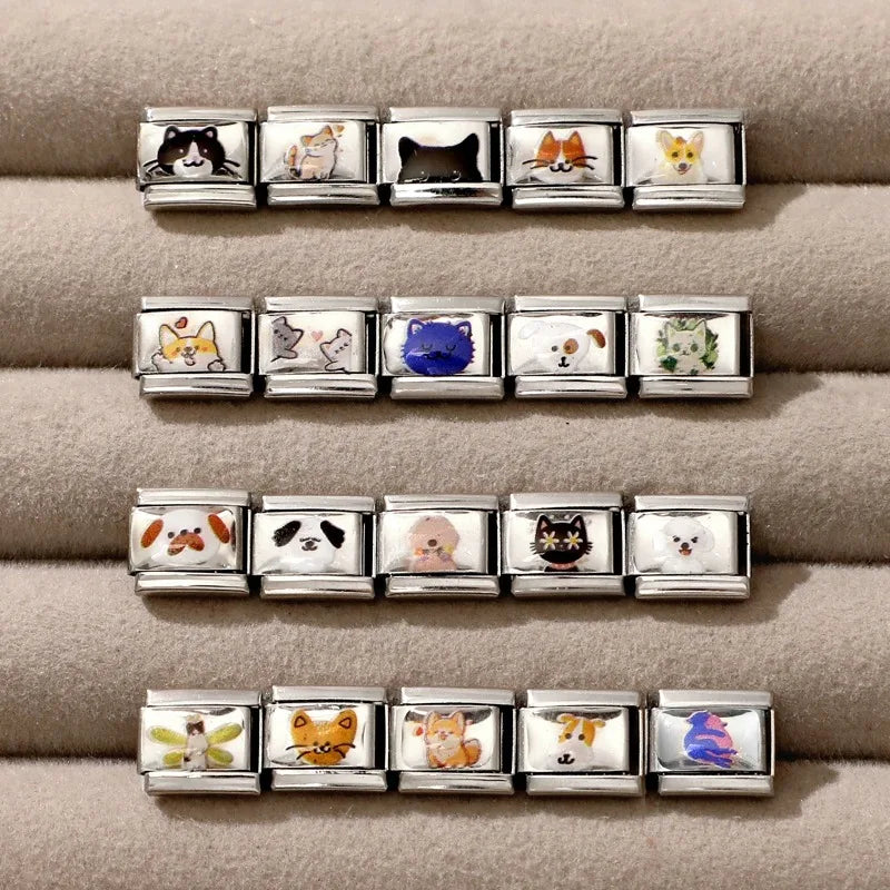 2025 Original Cute Cartoon Colorful Pet Dog Black Cats Italian Charm Links Fit 9mm Stainless Steel Bracelet Men Women DIY Making