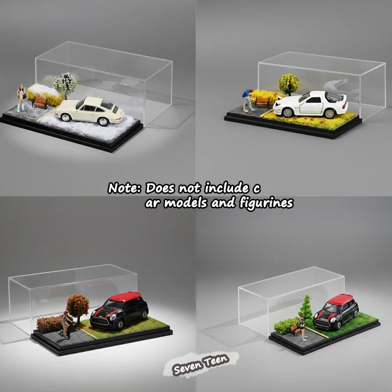 1:64 Scale Car Model Scene Display Box Trendy Diecast Ornament Four Season Grass Base Desktop Display Stand Collectible Gift