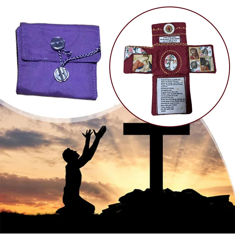 Handcrafted Pocket Shrine with Cross Included Inside,Faith Cross-Shaped Fabric Pouch Sewing Pocket with Saint Images Prayers ﻿
