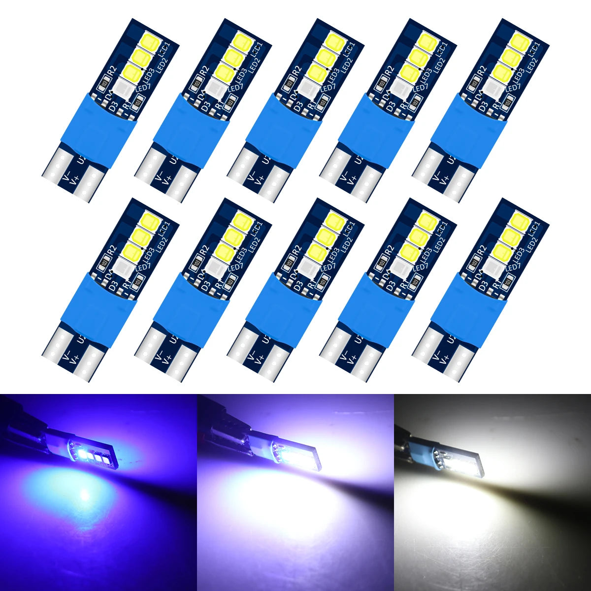 10pcs Canbus W5W 194 T10 LED Bulb 2835 Chips Blue White Auto Interior Dome Map Reading Light Width Light Auto Styling 12V Lamp