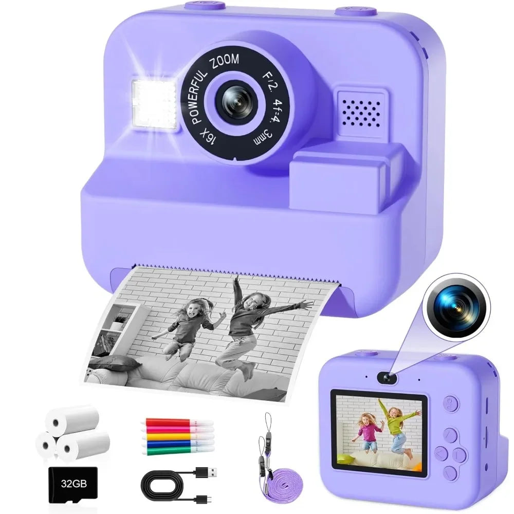Children's Mini Digital Video Camera with Thermal Printing & Multiple Image Stabilization, 32GB Card Included
