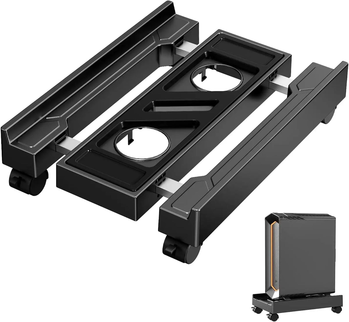 Adjustable CPU tower stand with wheels, telescopic under desk computer holder, with RGB fan