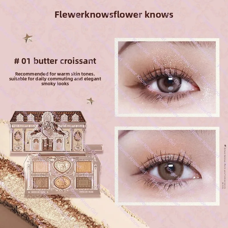 Flower Knows The Sweetie Bear Collection Eyeshadow Palette 6 Colors Glitter Matte Natural Bronzer Multi Use Kawaii Makeup