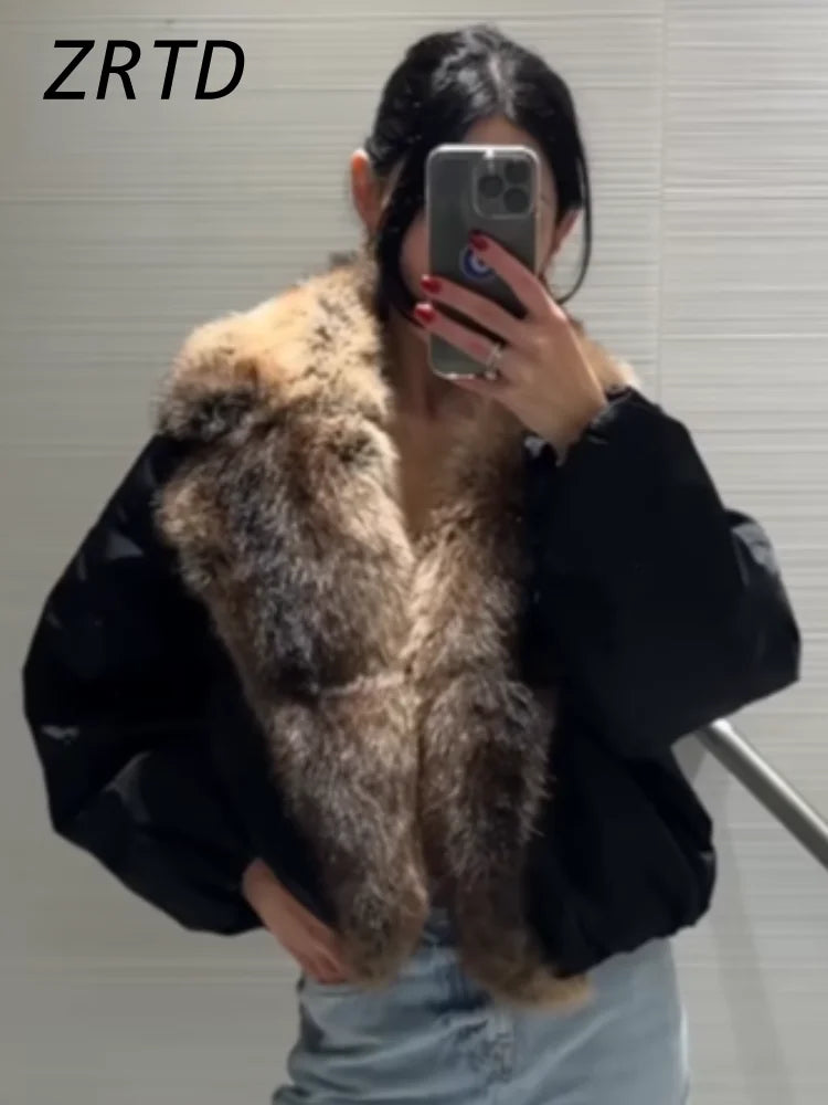 Street Faux Fur Patchwork Cropped Coats Women Loose Lapel Full Sleeve Pockets Warm Jackets 2025 Winter Lady Fashion Outwear