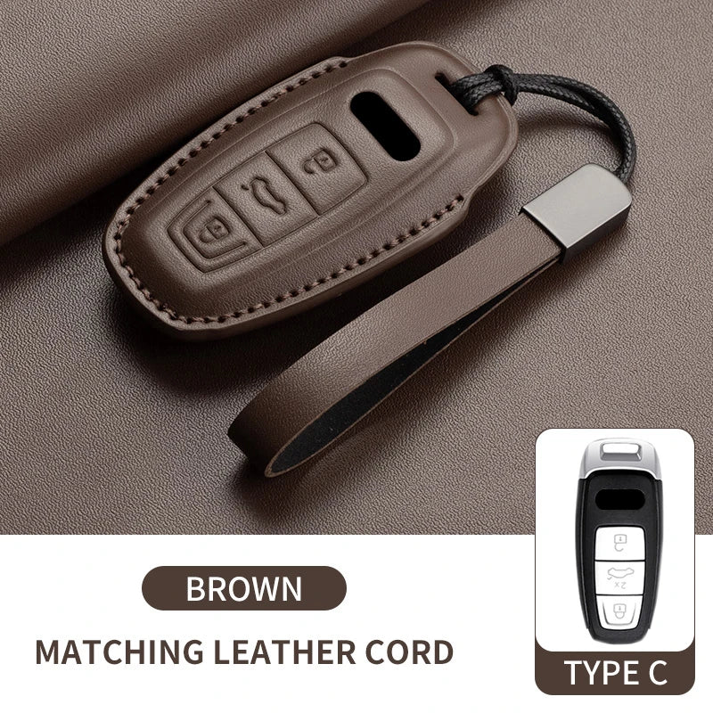 Auto Key Shell Fob For Audi A4 A4L A5 Q5 Q7 TT TTS 8S B9 2016 2017 2018 Leather Car Remote Key Case Cover Keychain Accessories